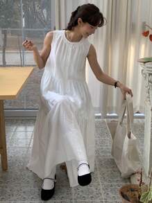 DAZY 女式圆领无袖中长连衣裙，简约时尚休闲，适合日常穿着 - 白色 - 查看 6
