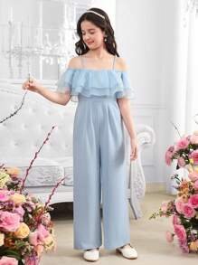 SHEIN Leap Crew Tween Girls' Off Shoulder Organza Ruched Layered Wide Leg Jumpsuit, Blue Jumpsuit, Suitable For Graduation Prom, Birthday Party, Flower Girl, Mommy And Me Matching Outfits - Dusty Blue - View 5