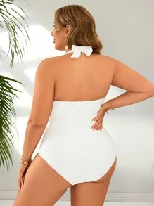 Swim Vcay Summer Plus Size Women's One-Piece Swimsuit, Bamboo Fabric Solid Color, Deep V-Neck, Fitted & Elegant Halter Neck Design - White - View 2