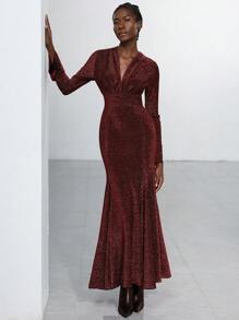 SHEIN Privé 优雅派对 V 领褶皱设计收腰闪光面料长袖连衣裙，高端优雅，适合情人节 - 中紫紅色 - 查看 4