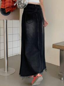 DAZY 女士休闲牛仔A字裙，简约时尚，适合日常穿着的牛仔裙 - 黑色 - 查看 6