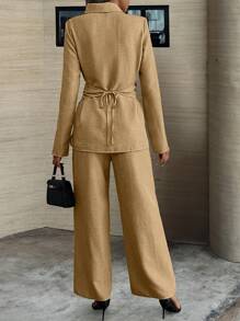 SHEIN Clasi 2 件套女士纯色长袖衬衫和裤子套装，简约时尚休闲日常穿着 - 卡其色 - 查看 2