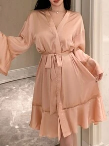 DAZY Satin Robe With Ruffled Lapel For Women Pajama - Pink - View 5