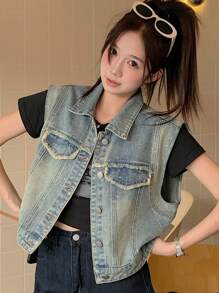 DAZY Women's Rhinestone Frayed Sleeveless Denim Vest And Jacket - Light Wash - View 3