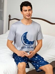 Men Moon Print Short Sleeve T-Shirt And Shorts Pajama Set - Multicolor - View 4