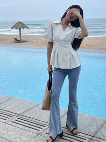 DAZY Women's Striped V-Neck Slim Fit Short Sleeve Shirt, Casual Daily Wear