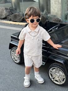 SHEIN 男婴/女婴彩色条纹双面领二合一短袖上衣和松紧腰短裤两件套，夏季休闲时尚，适合街头服饰、家居， - 彩色 - 查看 4