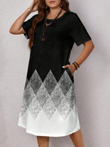 EMERY ROSE Plus Size Women Textured Geometric Ombre Print Dress, Suitable For Summer