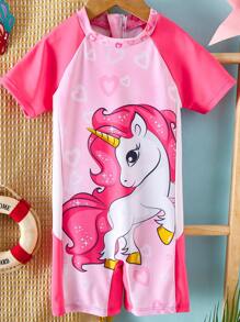 SHEIN 小女孩印花连体运动泳衣 - 彩色 - 查看 2