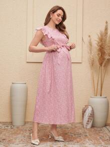 SHEIN Vestido de lactancia informal rosa con mangas de casquillo y estampado floral diminuto para embarazo - Rosa - Ver 3
