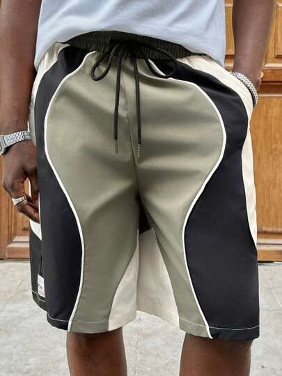 Manfinity VCAY Pantalones cortos deportivos holgados de punto con parches, casuales y de moda para el uso diario de los hombres