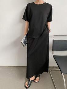 Dazy-Less 宽松简约纯色两件套女士休闲套装老款商务休闲女装 - 黑色 - 查看 2