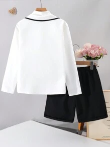 SHEIN Leap Crew 2 件套青少年男孩休闲学院风舒适时尚简约实用柔软长袖西装外套和短裤套装，适合春季、夏季、秋季、日常穿着、户外玩耍、学校、街头摄影、派对、居家休闲 - 彩色 - 查看 3
