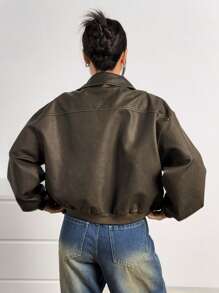 SHEIN EZwear Autumn New Vintage Washed Snowflake PU Leather Jacket - Brown - View 2