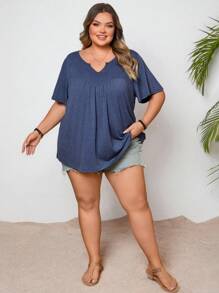 SHEIN CURVE+ 大码女式蓝色 V 领短袖休闲宽松 T 恤，夏季 - 藍色 - 查看 7