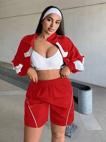 SHEIN SXY Women's Elastic Waist Pockets Summer Casual Splice Color Shorts - Red - View 6