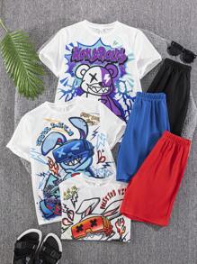6pcs/Set Tween Boy Casual Street Fashion Graffiti Graphic Round Neck Short Sleeve T-Shirt & Shorts Set, Soft Fabric, High Cost-Performance, Suitable For Commuting, School, Daily Casual, Sports, Spring/Summer
