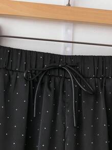 SHEIN PETITE High Waist Rhinestone Satin Elastic Waist Drawstring Loose Draping Straight Leg Pants Fall Cloth For Women - Black - View 4