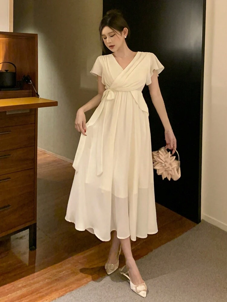 Women's Cross Fold Ruched Waist Mid-Length Dress Prom Dress Elegant Women Dresses Maxi Dress