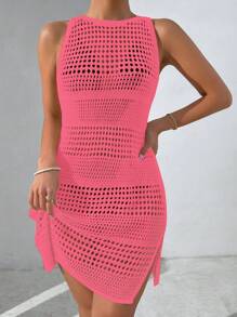 Breezaya Women's Solid Color Hollow-Out Round Neck Sleeveless Cover Up Dress, Holiday Style, For Summer Beach Vacation
