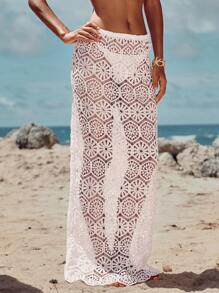 Opulessa Plain Weave Lace Long Skirt, Women's Low-Waist Skirt - White - View 4