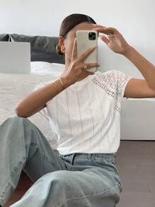 SHEIN Frenchy Women's Simple Casual Solid Color Contrast Lace Short Sleeve Casual T-Shirt,Spring/Summer, Textured Vertical Stripe Floral Top,Loose Bat Sleeve T-Shirt,Jacquard Textured Openwork Knit Fabrics,Casual Holiday Fashionable For Commuting,For Daily Wear White - White - View 4