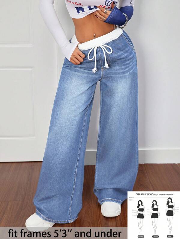 SHEIN PETITE Blugi casual de damă cu talie dublă, blugi de mamă pentru femei, blugi din denim, blugi de damă bootcut, blugi largi cu talie joasă, haine pentru vreme rece, pantaloni de iarnă pentru femei, ținută de Ziua Recunoștinței, blugi largi mici