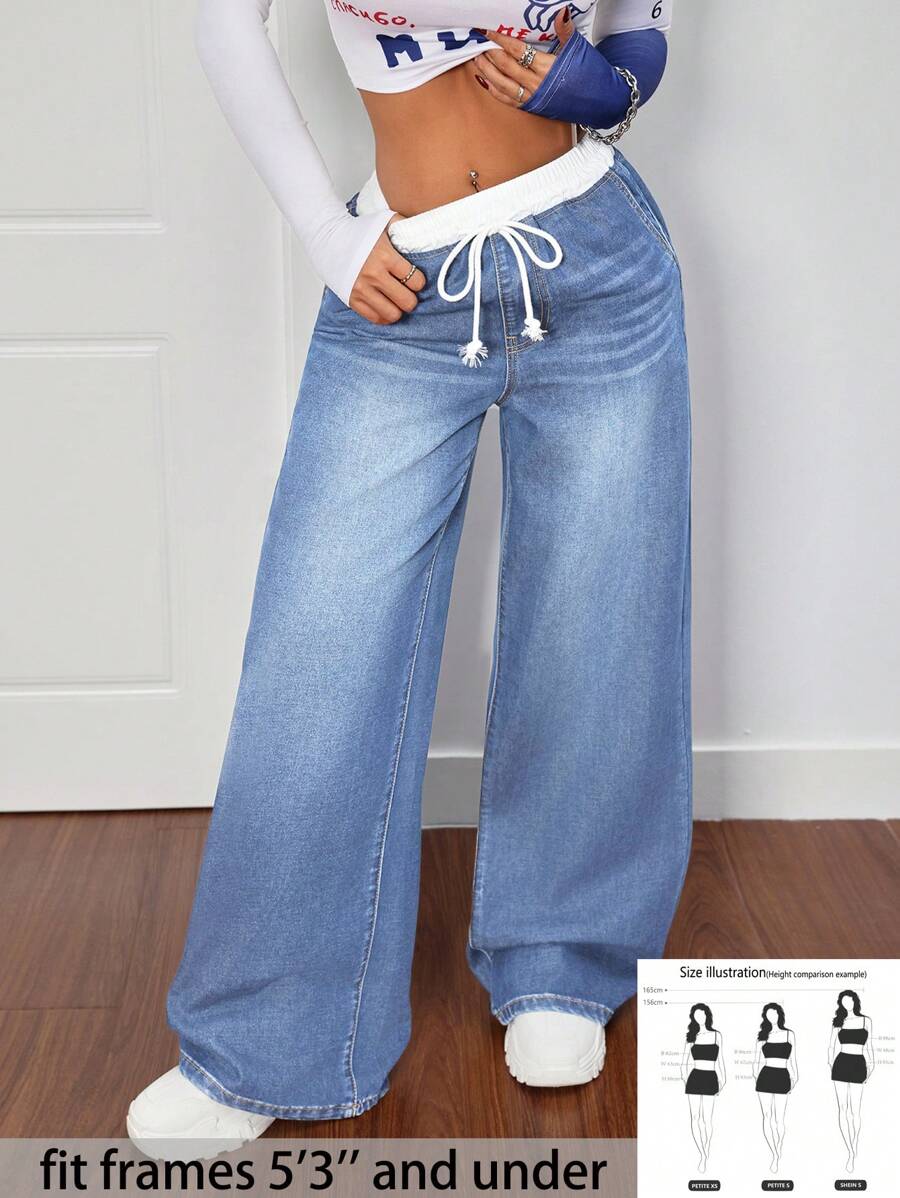 SHEIN PETITE Quần jeans ống rộng thường ngày cho nữ có cạp đôi, quần jeans cho mẹ, quần jeans denim, quần jeans ống rộng cạp trễ, thời tiết lạnh, quần mùa đông cho nữ, lễ Tạ ơn, quần jeans ống rộng nhỏ nhắn - Rửa nhẹ - Xem 1