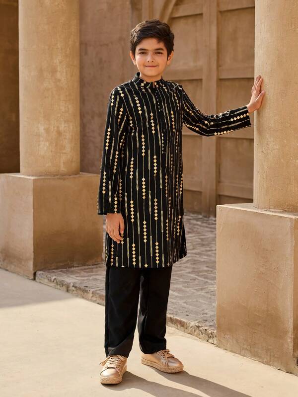 Set de 2 bucăți Tween Boy cu imprimeu aurit, cu guler pe jumătate deschis, cămașă + pantaloni lungi