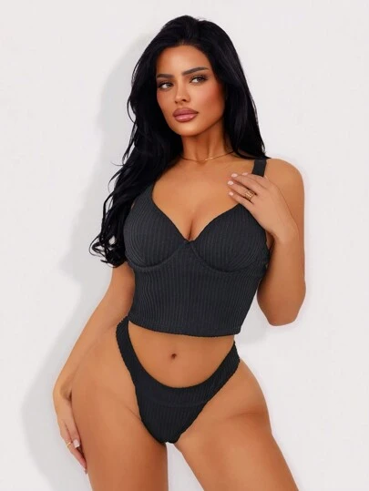 Swim SXY 性感女士纯色纹理面料露肩 V 领优雅吊带背心和比基尼套装、沙滩装