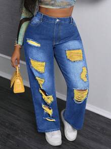 SHEIN SXY Plus Size Vintage Distressed Denim Color Mesh Long Pants - Medium Wash - View 6