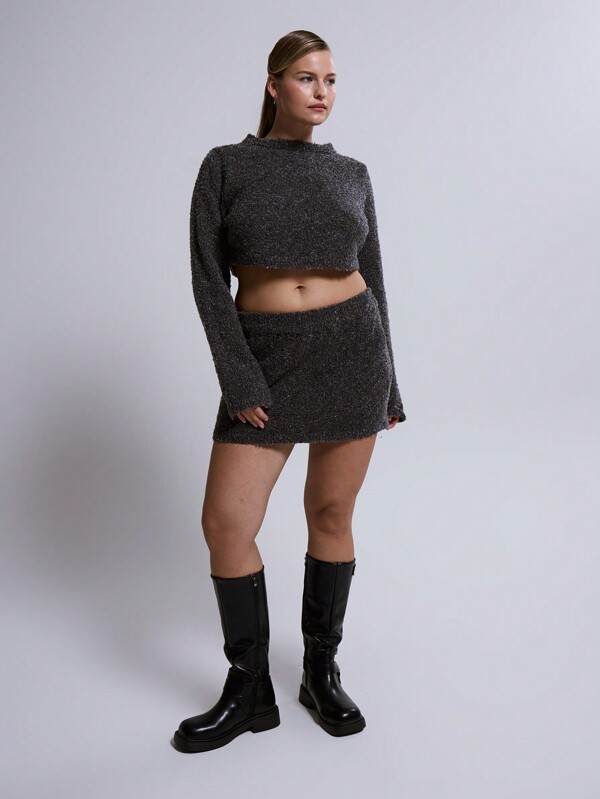 MUSERA Plus Size Fluffy Knit Low Rise Mini Skirt For Street Style, Cool, Casual, Everyday, Y2K Style, 2000'S Style, Spring, Summer, Vacation Ibiza, Holiday