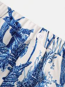 Girlism Tween Girl Blue & White Floral Knitted Crop Top & Shorts Set With Fitted Bubble Sleeves For Girl, Holiday/Casual Outfit - Blue and White - View 8
