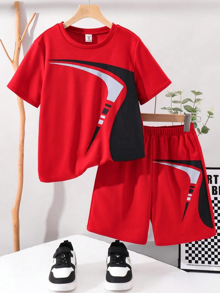 2Pcs Tween Boy Casual Chic Comfortable Practical Versatile Soft Graphic Short Sleeve Round Neck T-Shirt And Elastic Waist Shorts Set, Suitable For Autumn, Spring, Summer, Ideal For Daily Wear, Outdoor Play, School, Streetwear, Party And Leisure