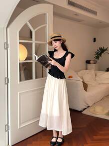 DAZY Women's Round Neck Pleated Ruffle Hem Colorblock Casual Midi Dress - Black - View 2