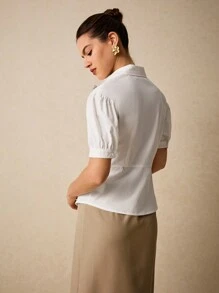 Poéselle Elegant White Cuffed Blouse Embellished With Floral Decorations - Perfect For Stylish Office Looks, Upscale Parties And Fashionable Suits, Office Women's Clothing - White - View 2