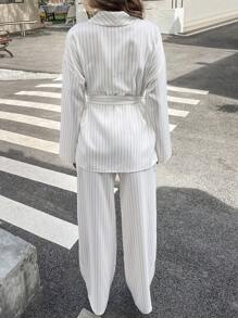 SHEIN Essnce 女士条纹裹身优雅休闲和服套装，白色办公室时尚通勤两件套秋冬 - 白色 - 查看 2