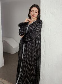 Graceveil Women's V-Neck Loose Polka Dot Silver Foil Furry Elegant Arabic Long Dress Modest - Black - View 1