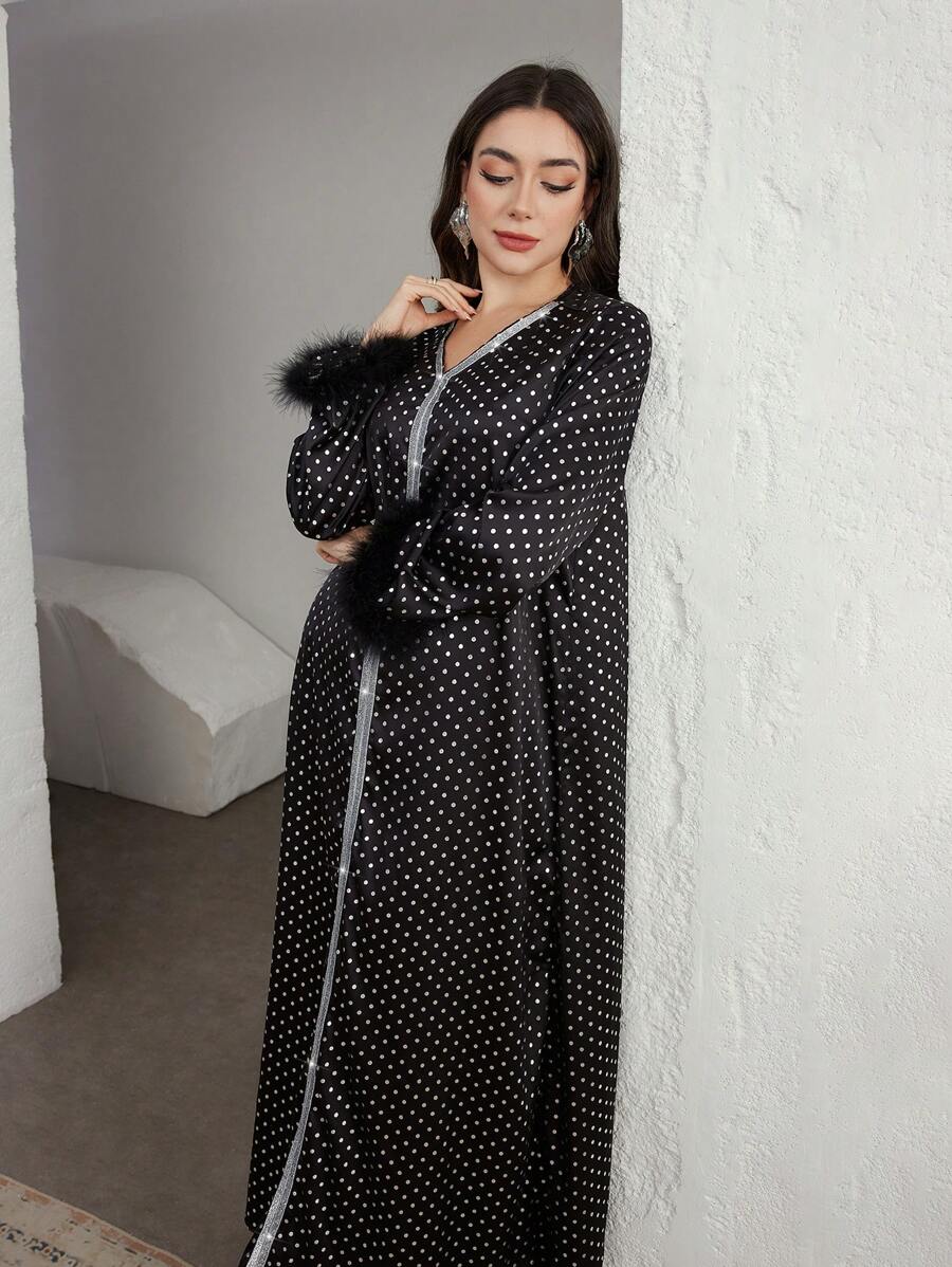 Graceveil Women's V-Neck Loose Polka Dot Silver Foil Furry Elegant Arabic Long Dress Modest - Black - View 1