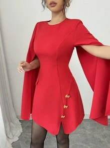 Chiquease Women's Elegant V-Neck Slit Sexy Cute Mini Dress, Date, Valentine's Day, Party, Bow Accent, Solid Red Fall Cloth For Women - Red - View 7