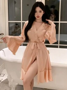 DAZY Satin Robe With Ruffled Lapel For Women Pajama - Pink - View 6