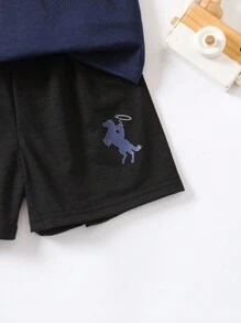 2pcs/Set Young Boys Loose Fit Polo Collar Short Sleeve T-Shirt With Horse Print, Matched With Black Casual Sports Shorts, Suitable For Spring And Summer Casual Wear, Travel And School