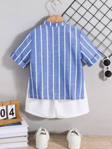 SHEIN Set de 2 piezas de camisa con cuello de media cremallera a rayas y pantalones cortos holgados para niño pequeño, adecuado para primavera/verano: jardín, playa, cumpleaños, interior, exterior, diario, deportes, juegos, fiesta, fotografía, vacaciones, festival, boda, baby shower