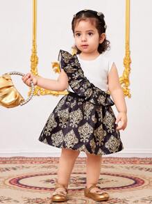 SHEIN Leap Crew Baby Girl Floral Print Summer Vacation Elegant Cute Short Sleeve Top And Mini Skirt Set - Black and White - View 5