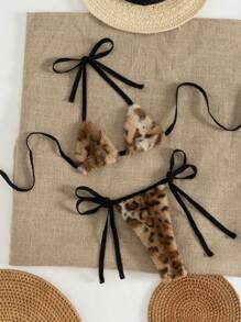 Swim Vcay 2 Pieces Leopard Plush Sexy Women Bikini Set Beach Outfit, For Summer Vacation