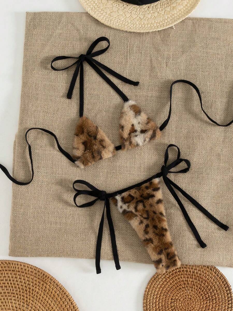 Swim Vcay 2 Pieces Leopard Plush Sexy Women Bikini Set Beach Outfit, For Summer Vacation