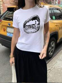 SHEIN EZwear Áo thun họa tiết Grillz, Áo thun dài tay trẻ em Y2K, Quần áo thời trang vẽ tay, Áo thun phong cách đường phố sành điệu cho nữ, Áo thun nữ AHS Apparel cổ điển sang trọng - trắng - Xem 3