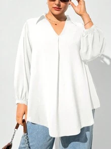 SHEIN Essnce 大码女式秋冬休闲宽松舒适 V 领黑色长袖衬衫、秋季女装、女式衬衫、曲线上衣、老款、黑色上衣、商务休闲女装、女士办公室装、女士服装、女士上衣、返校节、教师、工作上衣 - 白色 - 查看 1