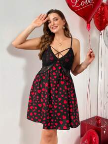 SHEIN Essnce Plus Size Women's Black And Red Valentine Day Heart Dress, Lace Stitching Suspender Short Dresses For Summer,Holiday,Rave Date Night Club Outfits - Multicolor - View 3