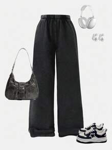 Tween Girls Loose Comfy Versatile Textured Knit Wide Leg Pants - Black - View 1